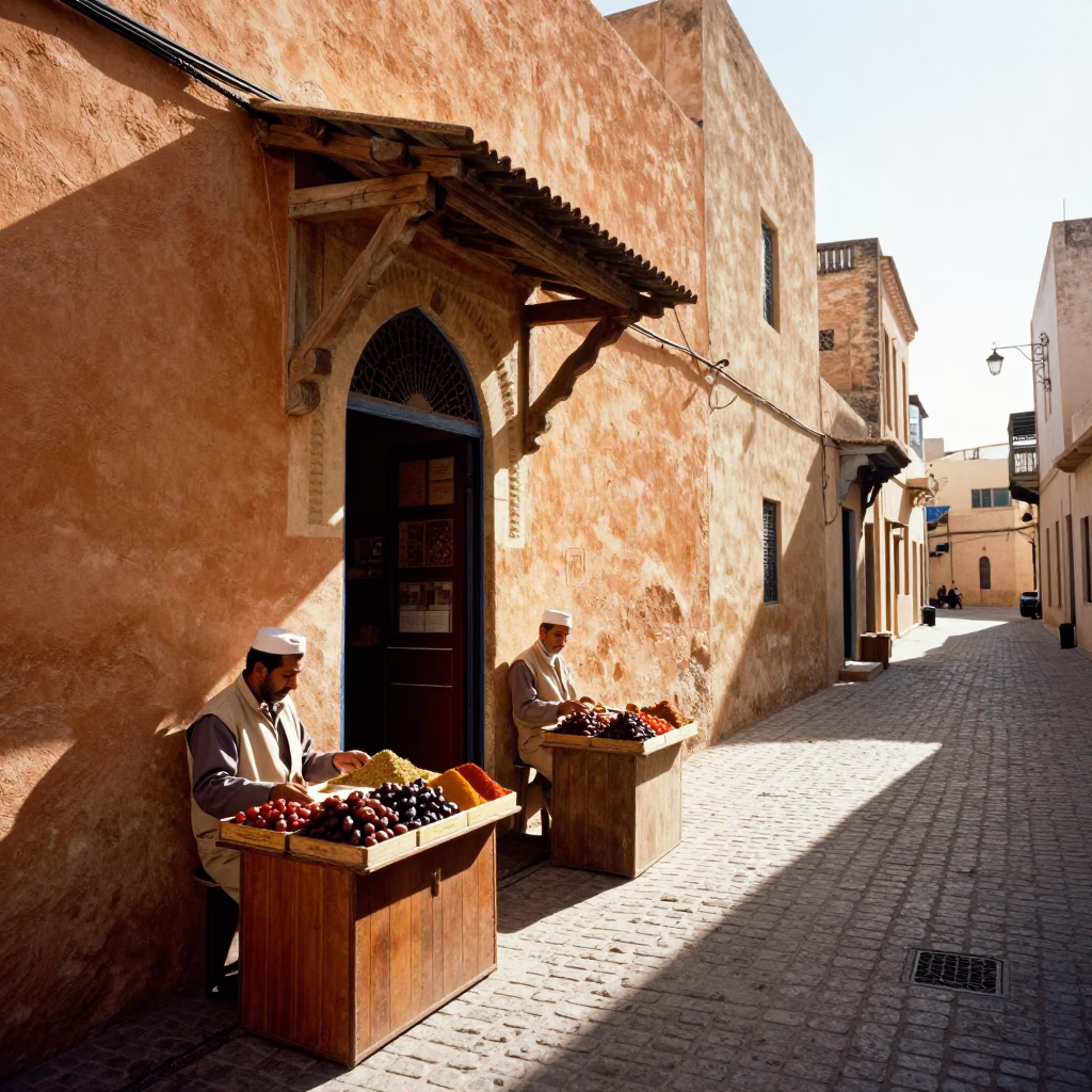Late morning street scene in Tunis Tunisia with traditional architecture and daily life in in Tunis, Tunisia