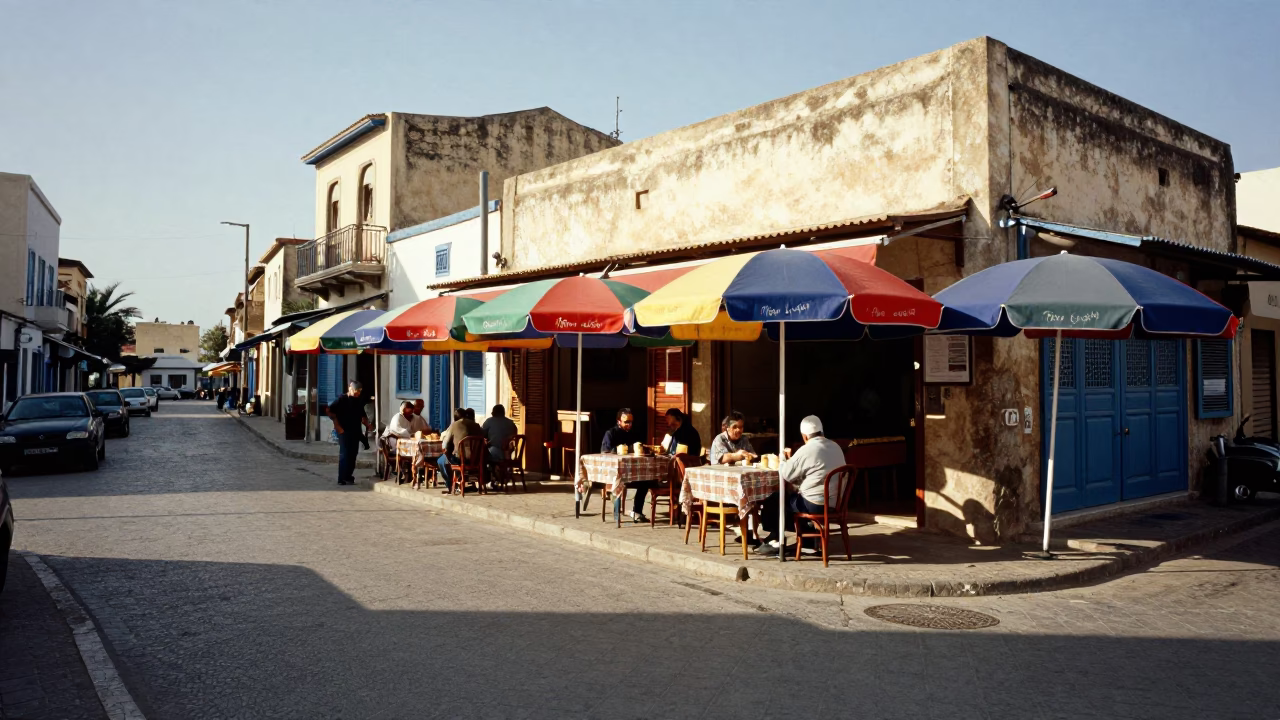Late Morning Street Scene in Tunis Tunisia with Umbrellas and Local Activity in in Tunis, Tunisia