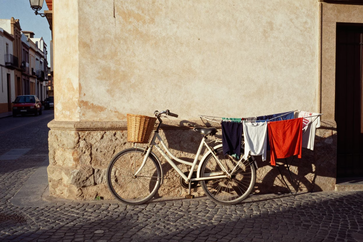 Late Morning Street Scene in Valencia Spain with Bicycle Basket and Drying Rack in in Valencia, Spain