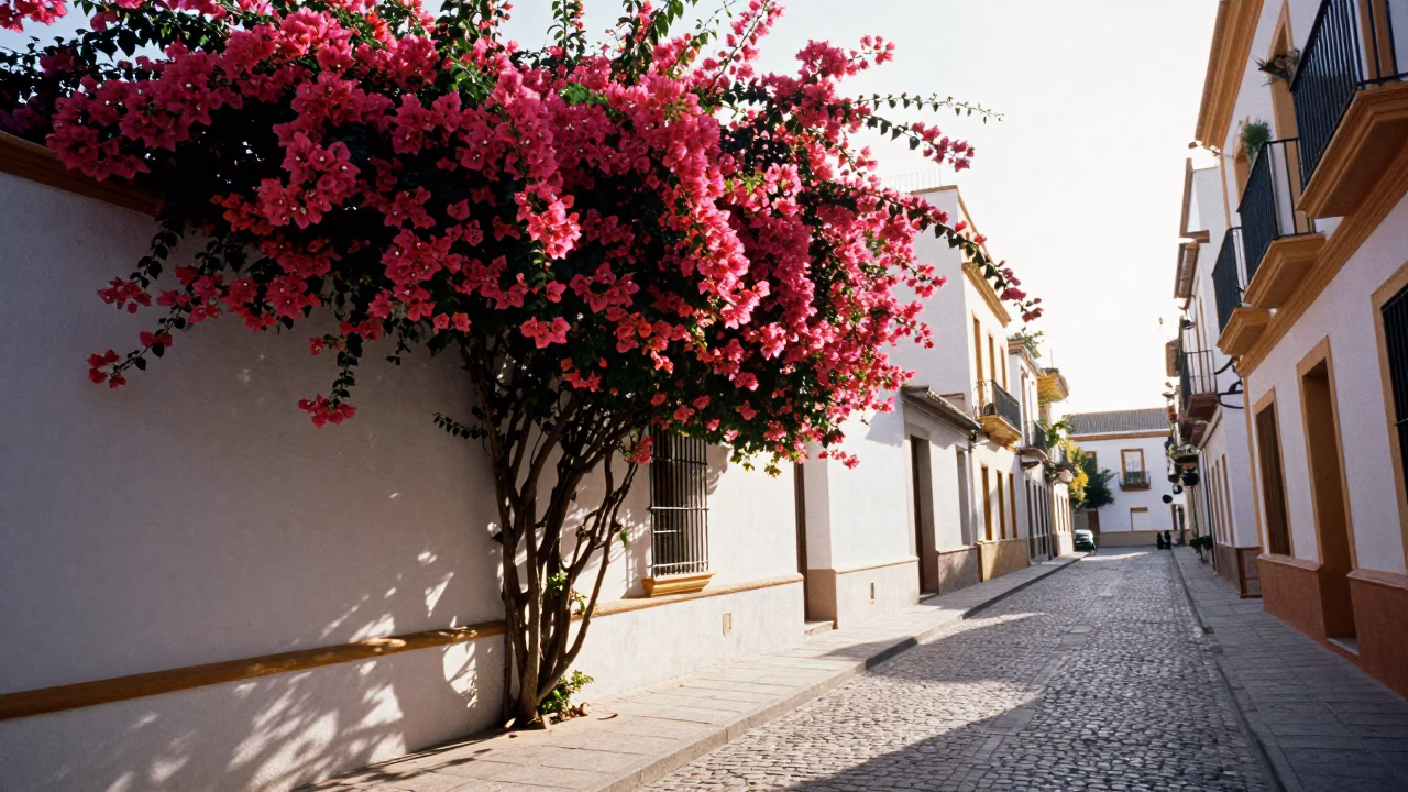 Late Morning Street Scene in Valencia Spain with Bougainvillea and Stair Rail in in Valencia, Spain