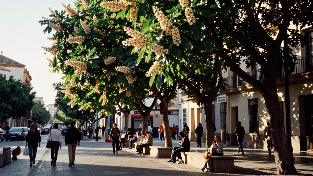 Late Morning Street Scene in Valencia Spain with Chestnut Tree and Shawarma Plate in in Valencia, Spain