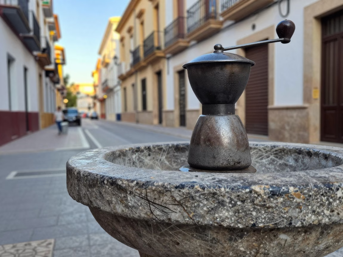 Late Morning Street Scene in Valencia Spain with Coffee Grinder and Scratched Basin in in Valencia, Spain