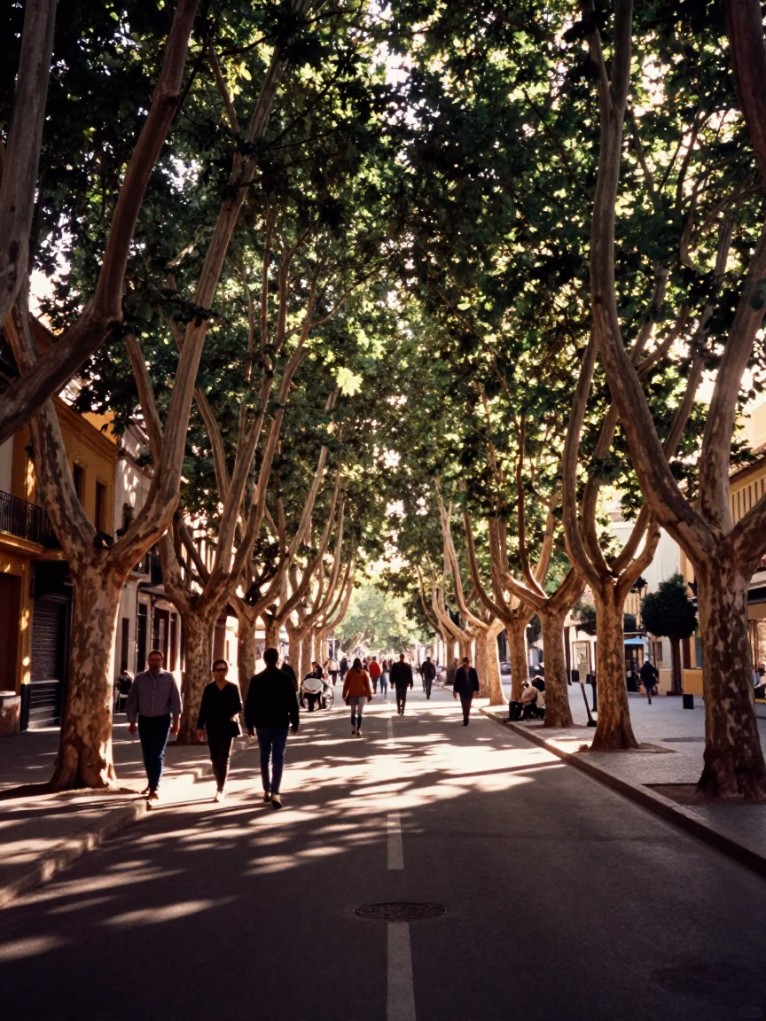 Late Morning Street Scene in Valencia Spain with Copper Beech Tree and Local Interaction in in Valencia, Spain