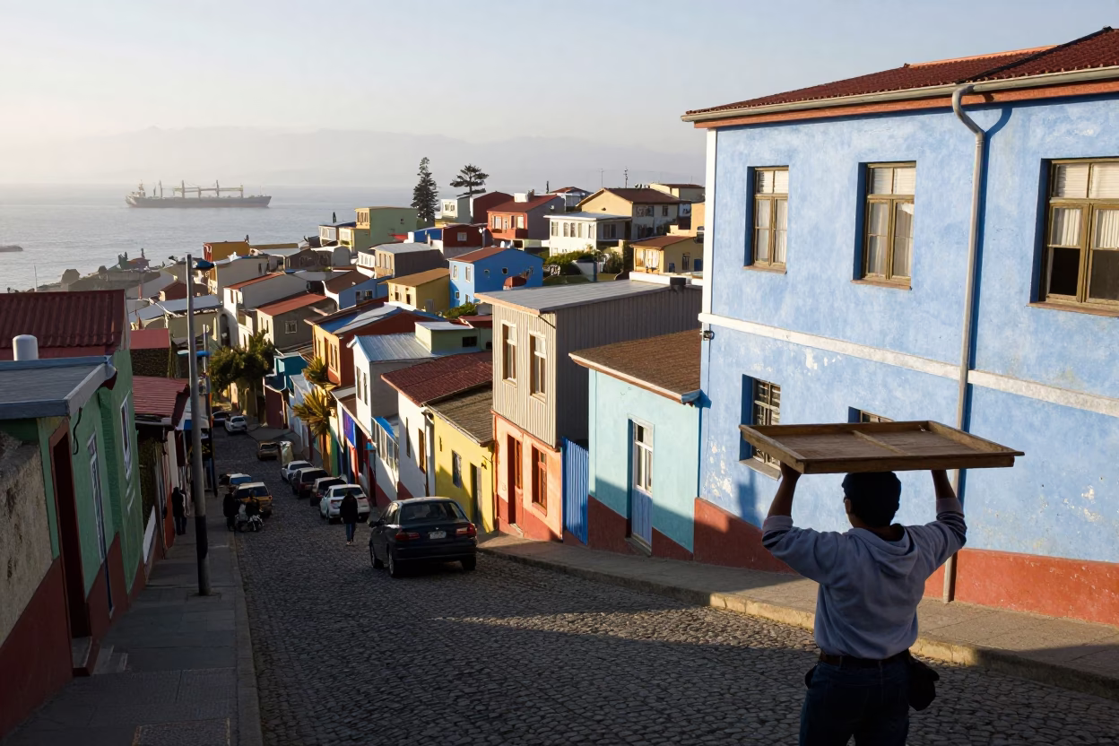 Late Morning Street Scene in Valparaiso Chile with Cargo Ship Horizon View in in Valparaiso, Chile