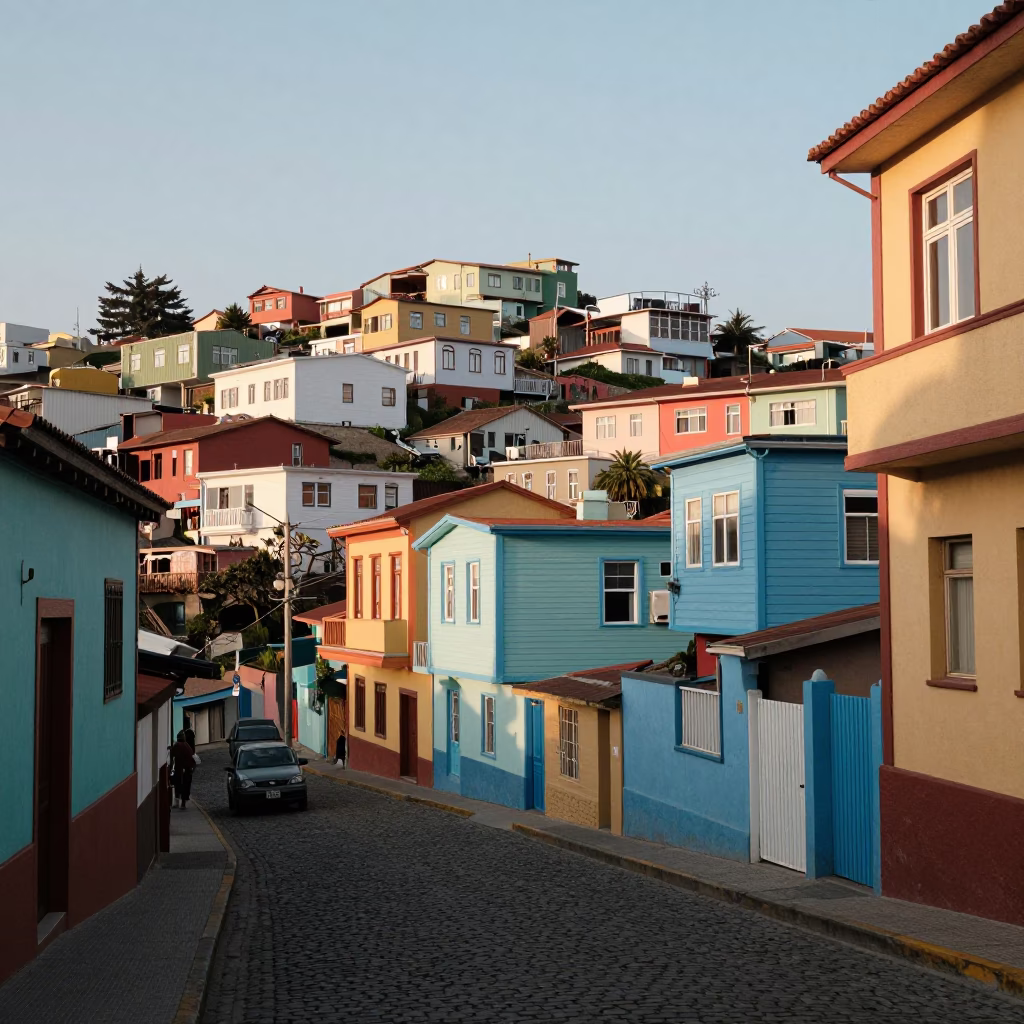 Late Morning Street Scene in Valparaiso Chile with Colorful Houses and Local Life in in Valparaiso, Chile