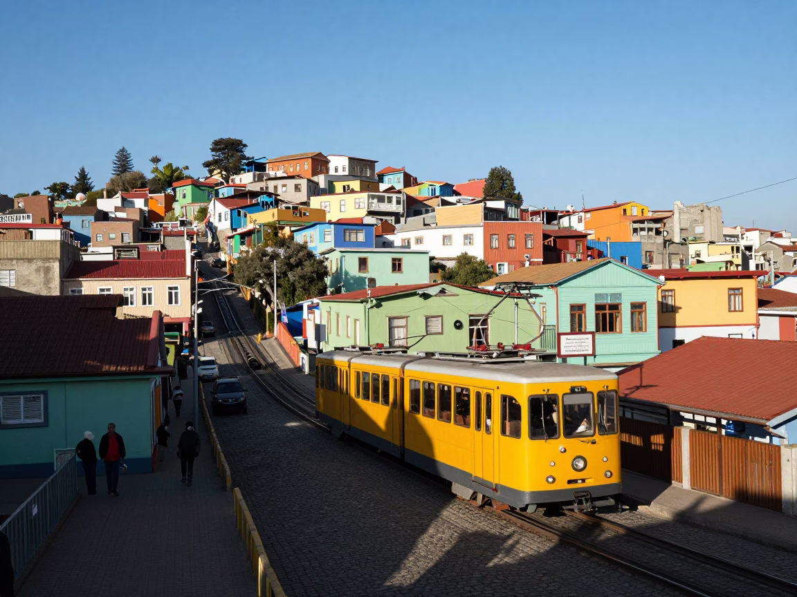Late Morning Street Scene in Valparaiso Chile with Monorail and Colorful Architecture in in Valparaiso, Chile