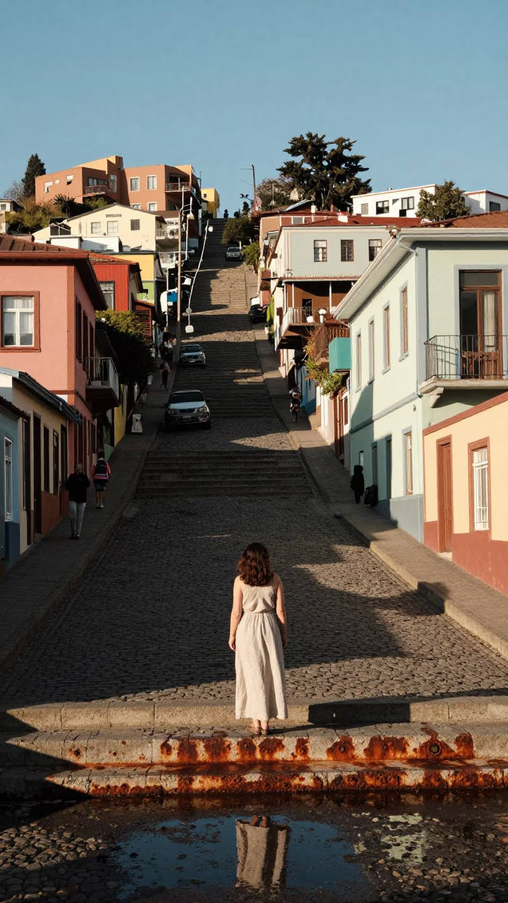 Late Morning Street Scene in Valparaiso Chile with Rust and Water Bottle in in Valparaiso, Chile
