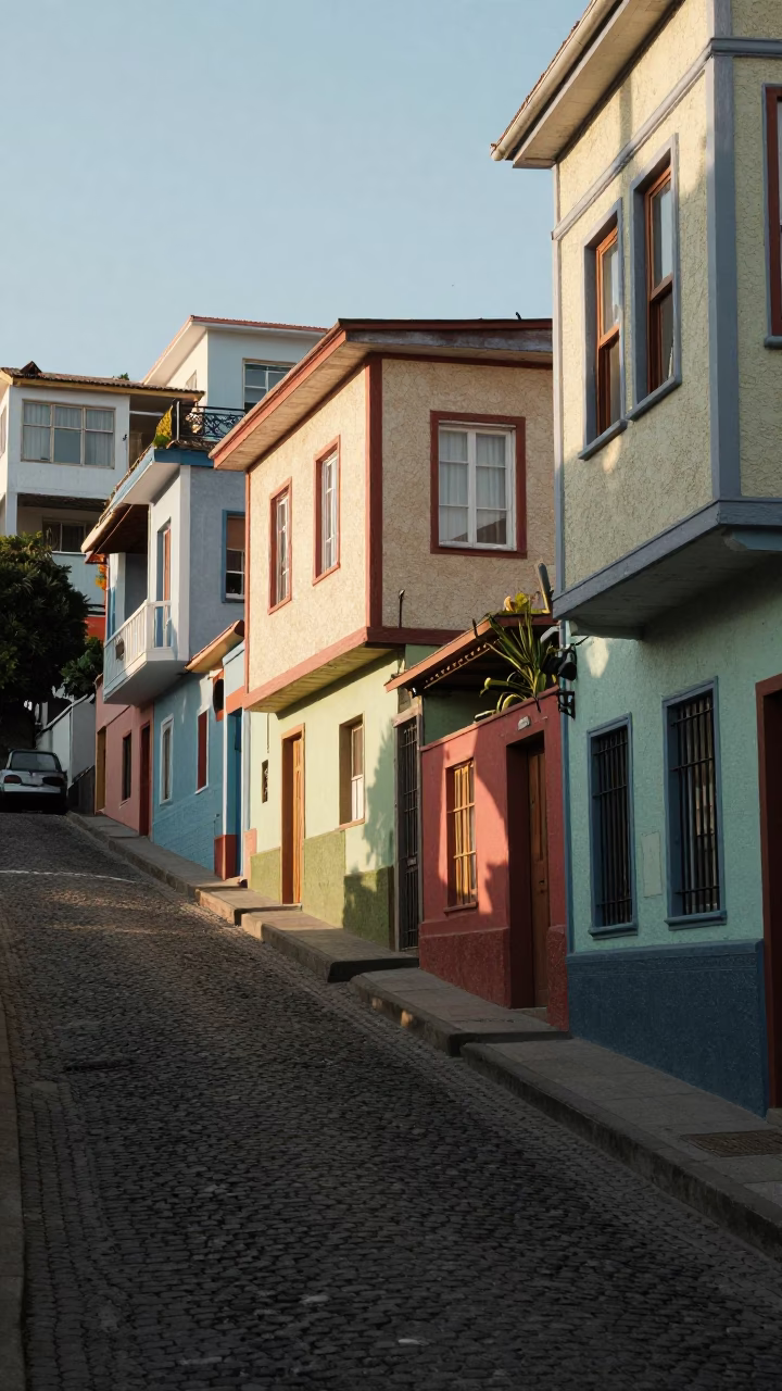 Late Morning Street Scene in Valparaiso Chile with Steep Cobblestone Alley and Colorful Facades in in Valparaiso, Chile