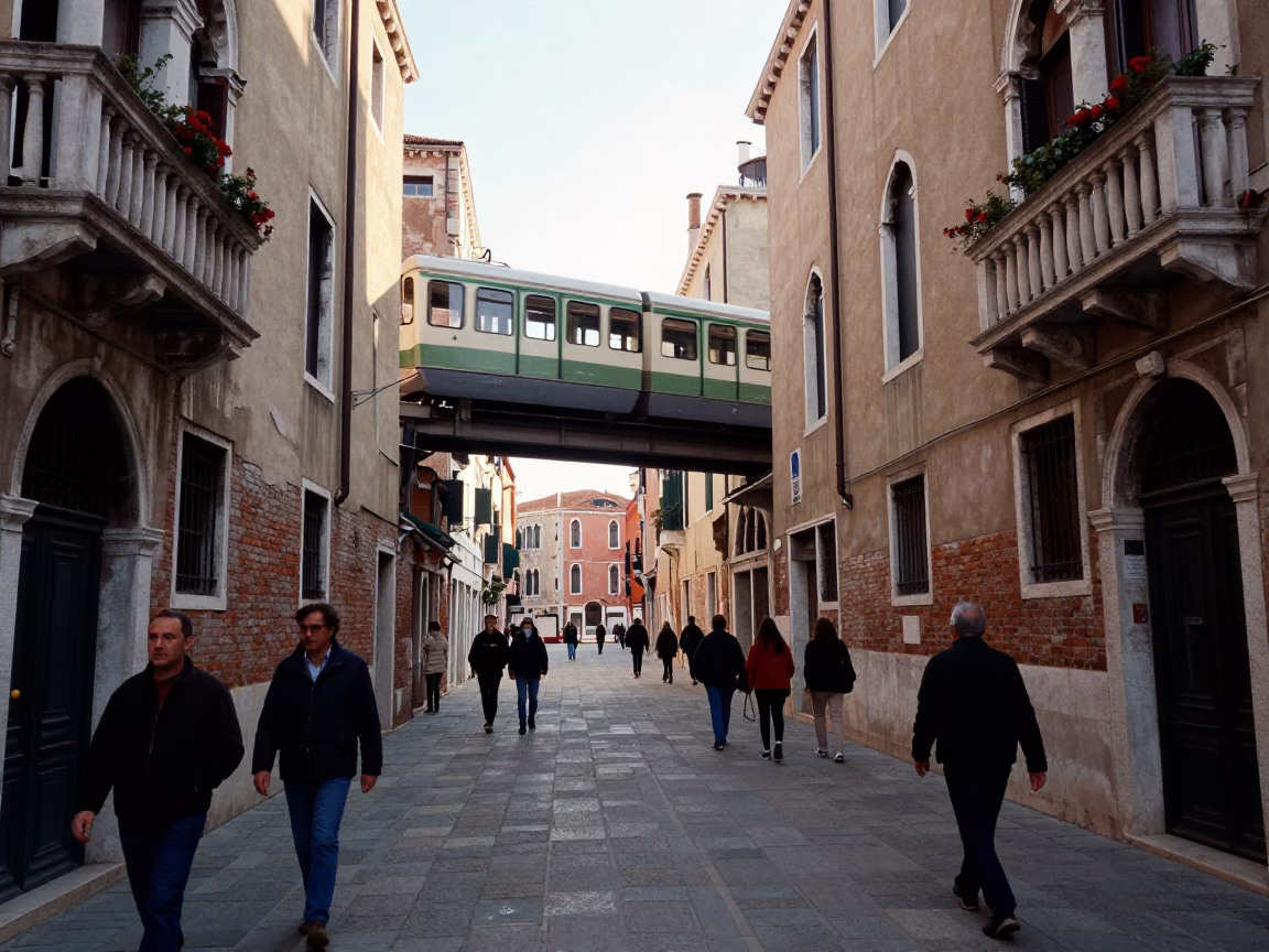 Late Morning Street Scene in Venice Italy with Monorail Passing Above in in Venice, Italy