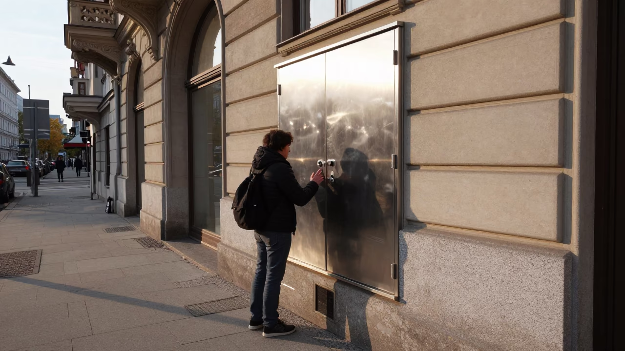 Late Morning Street Scene in Vienna Austria with Brushed Steel Cabinet Door in in Vienna, Austria