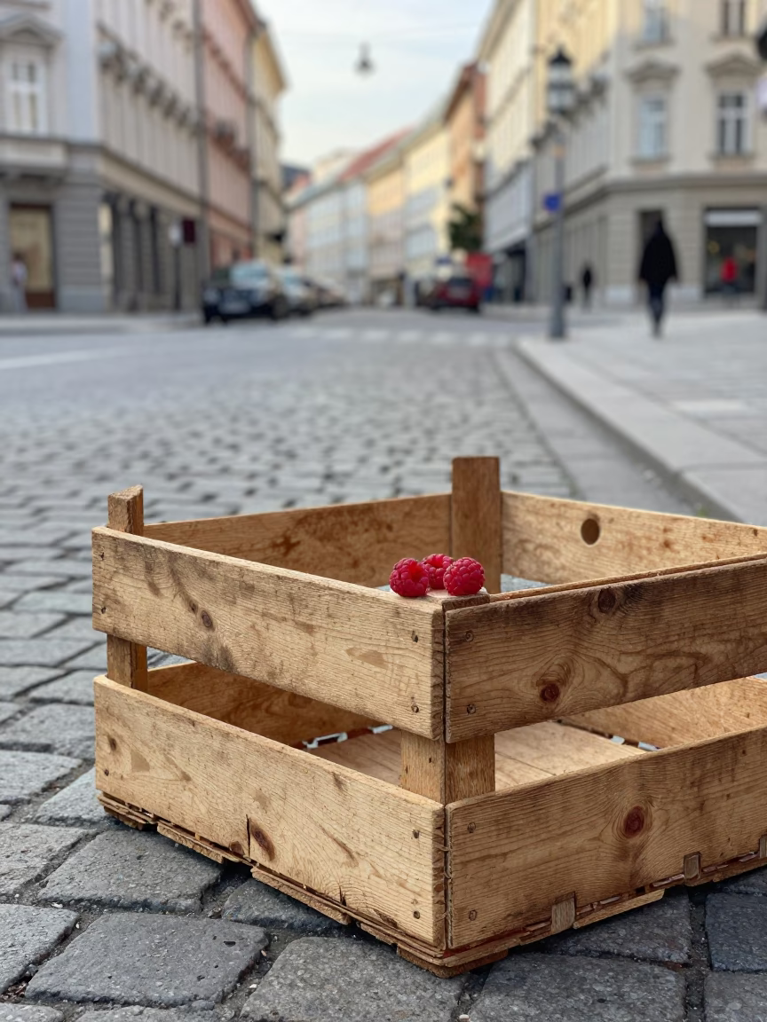 Late Morning Street Scene in Vienna Austria with Fruit Crate and Raspberries in in Vienna, Austria