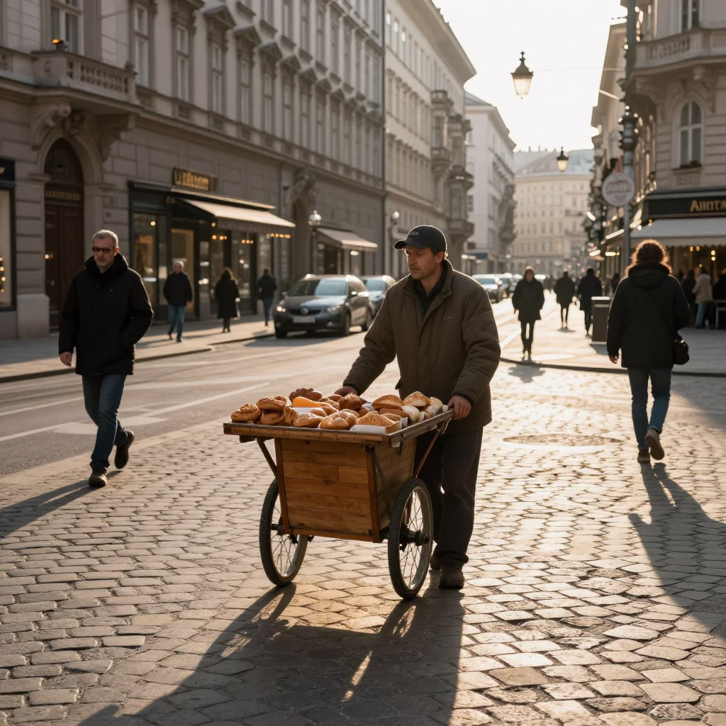 Late Morning Street Scene in Vienna Austria with Rolling Carts and Urban Details in in Vienna, Austria