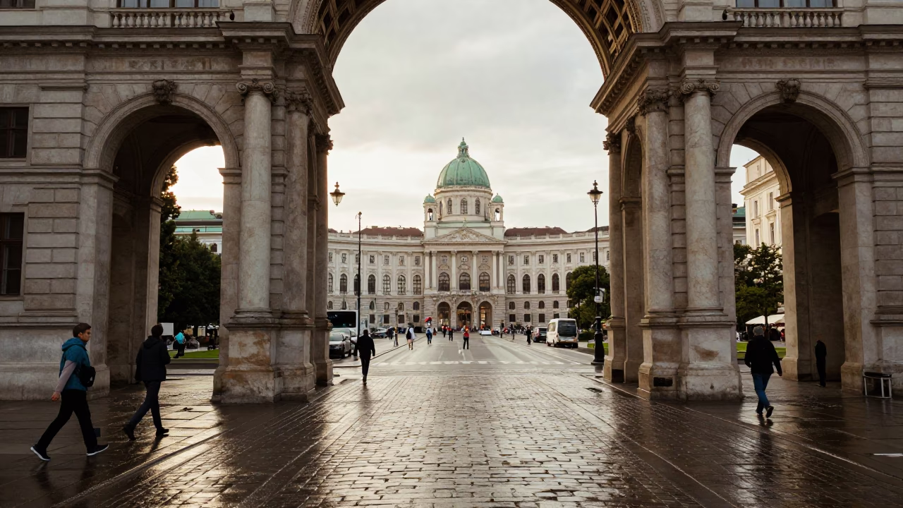 Late Morning Street Scene in Vienna Austria with University Archway and Wet Bicycle Rack in in Vienna, Austria
