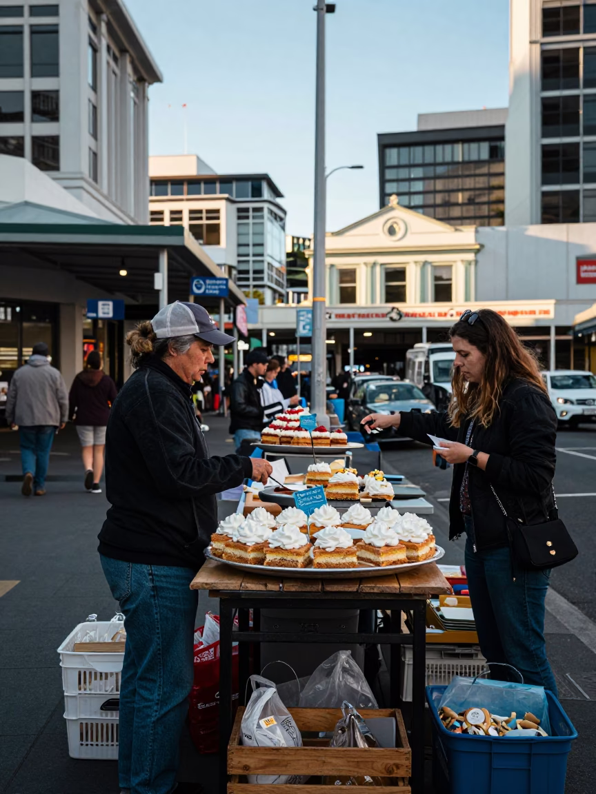 Late Morning Street Scene in Wellington New Zealand with Local Market Goods in in Wellington, New Zealand
