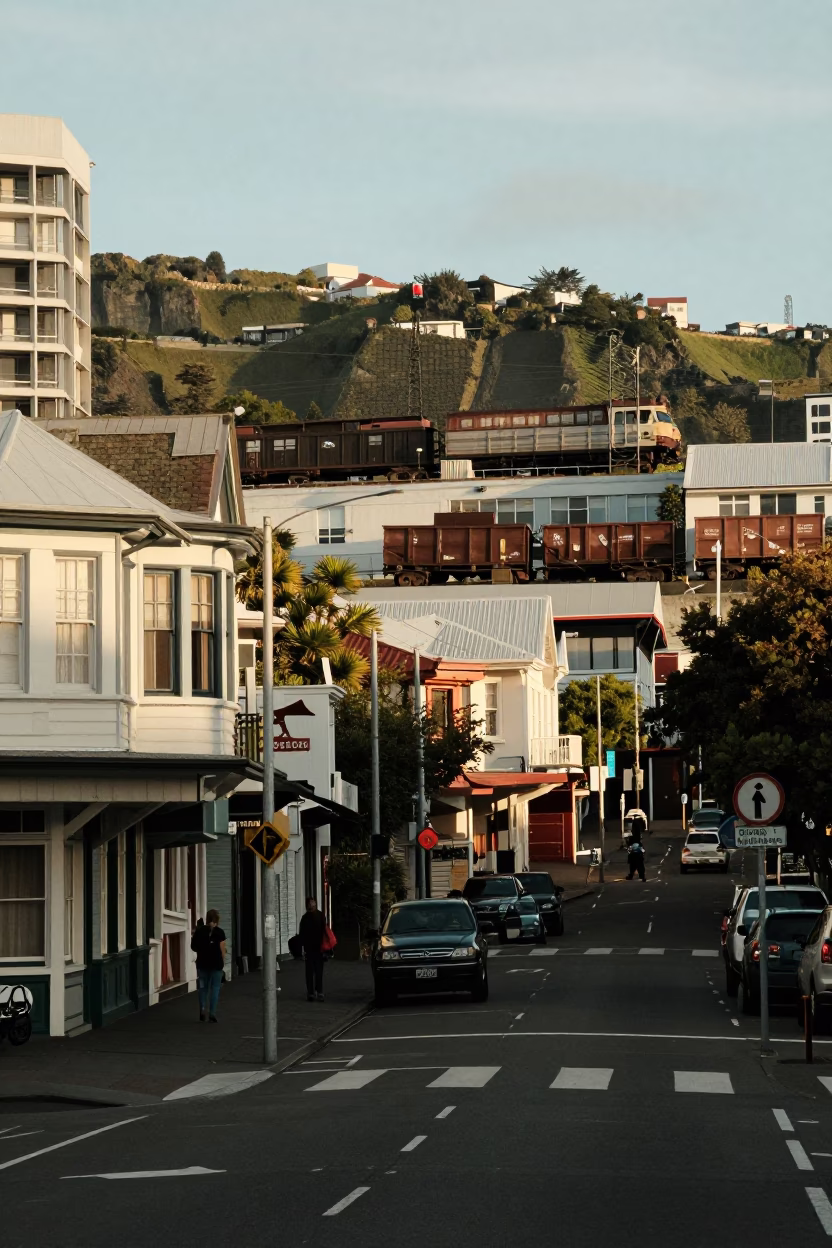 Late Morning Street Scene in Wellington New Zealand with Vintage 1990s Urban Details in in Wellington, New Zealand