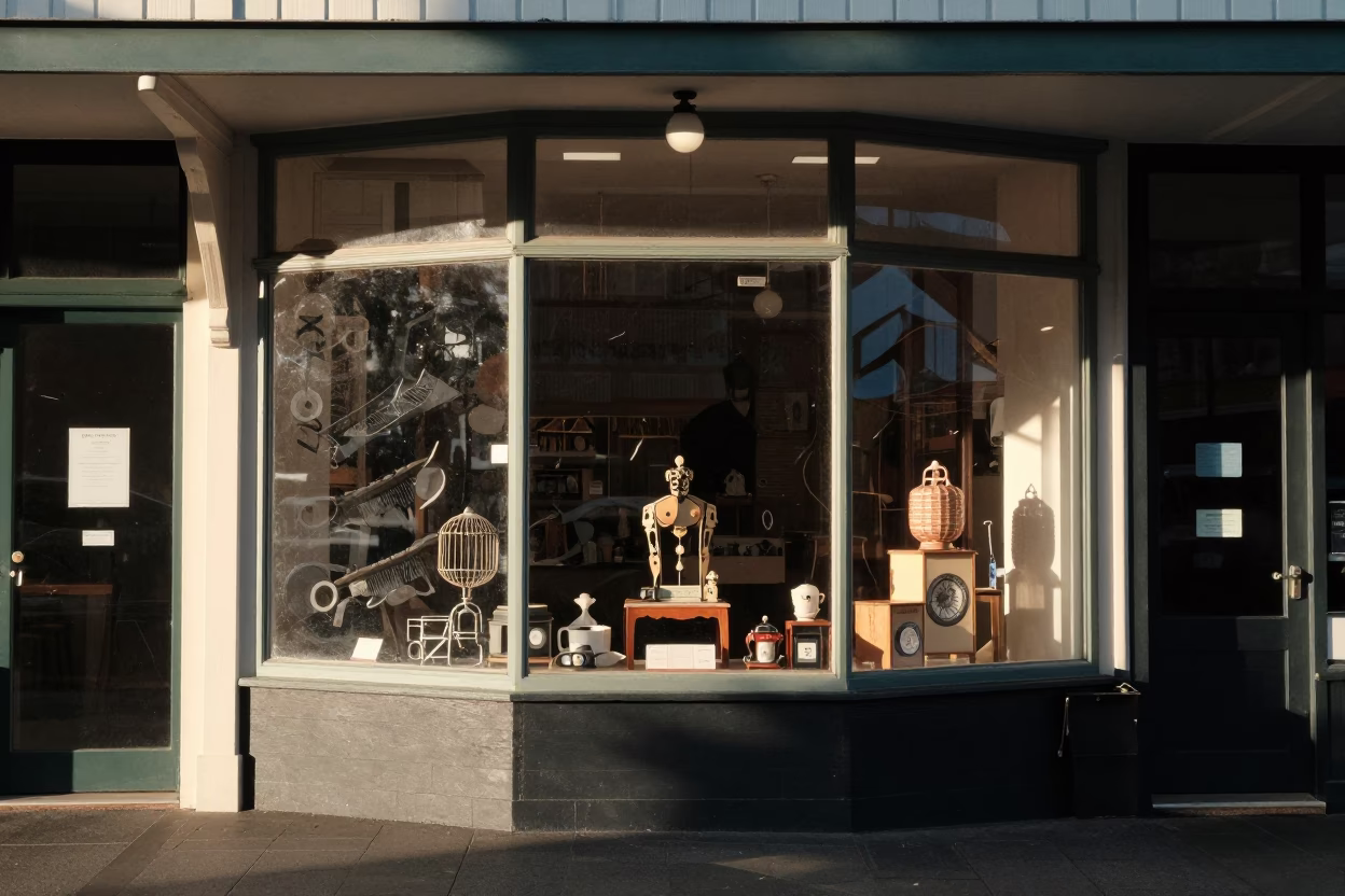 Late Morning Street Scene in Wellington New Zealand with Vintage Shop Display in in Wellington, New Zealand