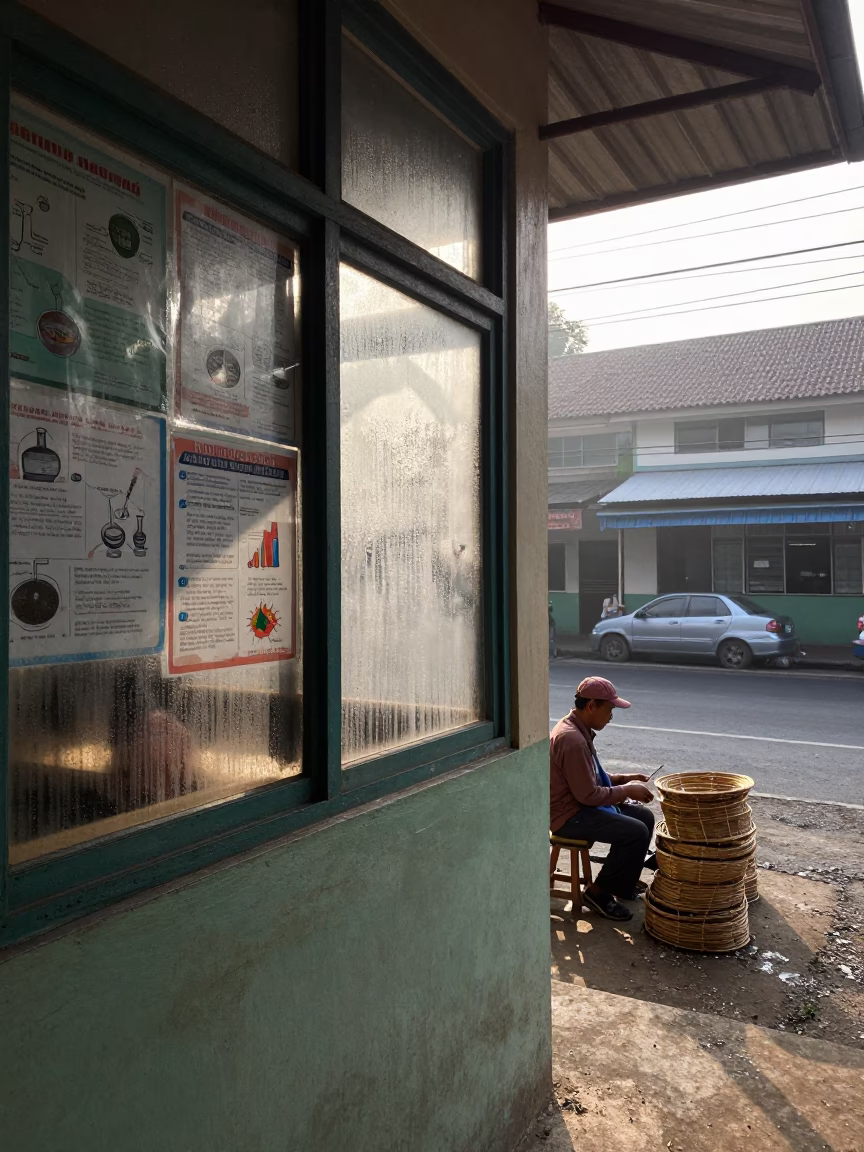 Late Morning Street Scene in Yogyakarta Indonesia with Classroom Window Condensation in in Yogyakarta, Indonesia