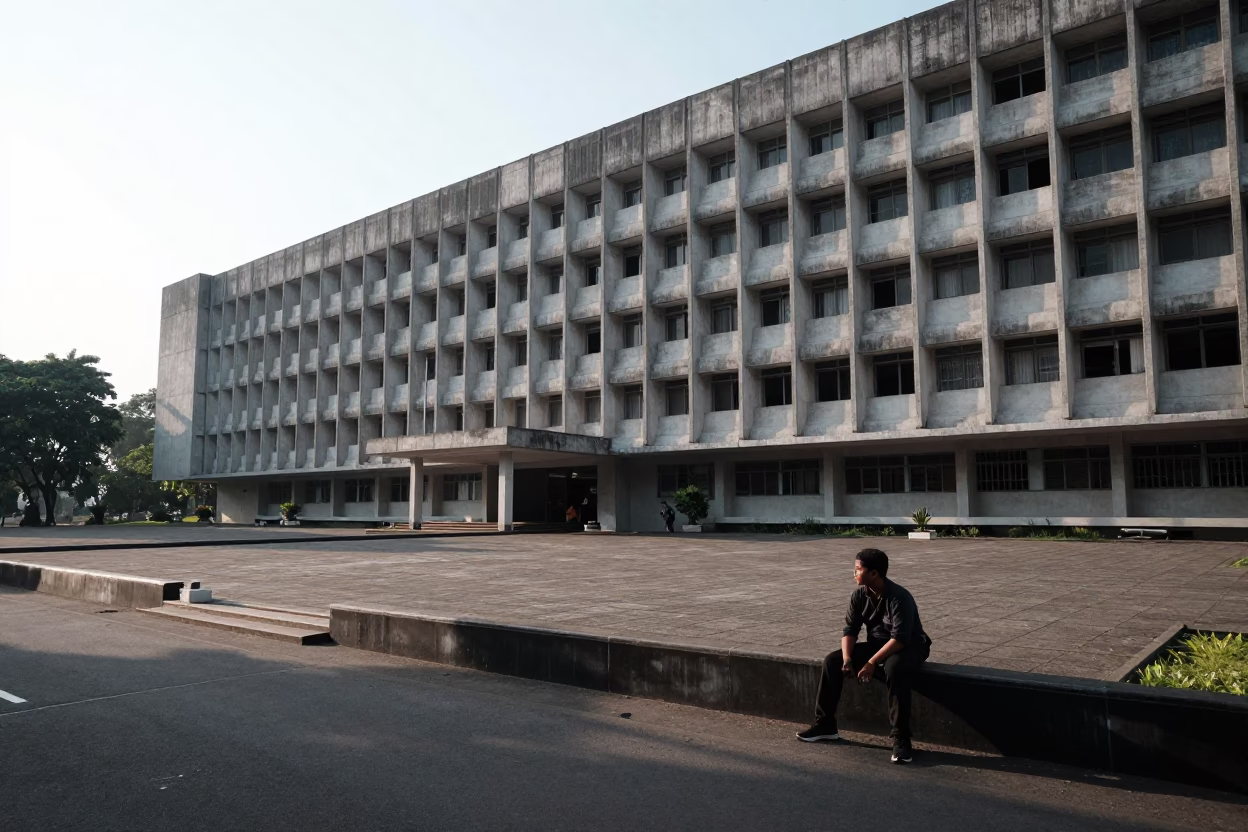 Late Morning Street Scene in Yogyakarta Indonesia with Concrete Brutalist University Building in in Yogyakarta, Indonesia