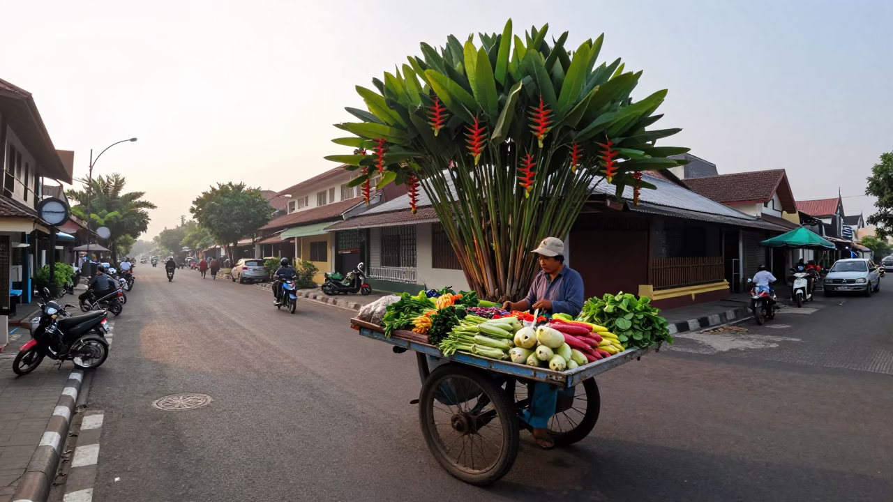 Late Morning Street Scene in Yogyakarta Indonesia with Heliconia and Local Market Activity in in Yogyakarta, Indonesia