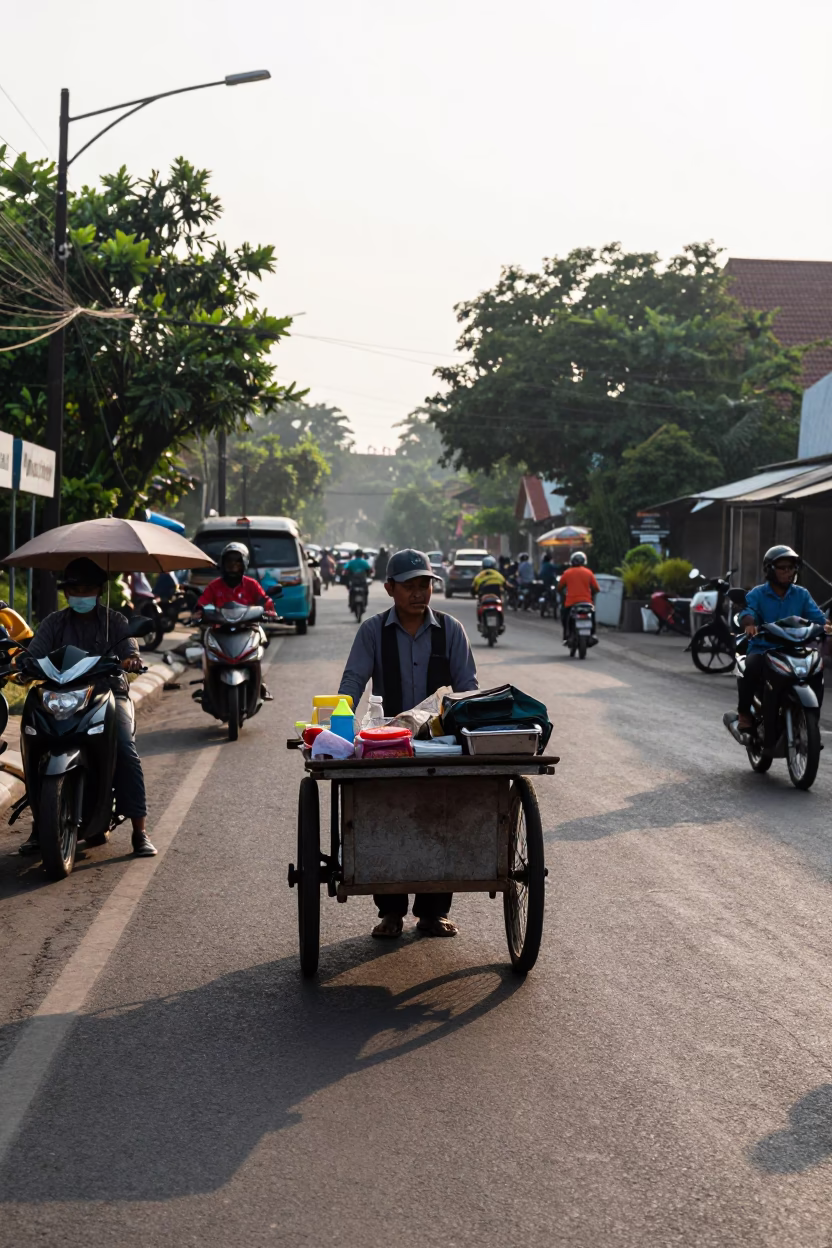 Late Morning Street Scene in Yogyakarta Indonesia with Local Vendor and Melons in in Yogyakarta, Indonesia