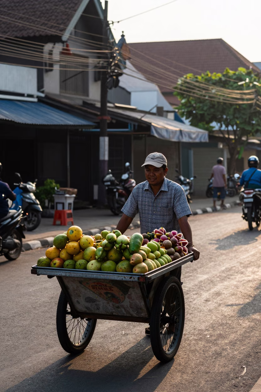Late Morning Street Scene in Yogyakarta Indonesia with Local Vendor and Motorbikes in in Yogyakarta, Indonesia