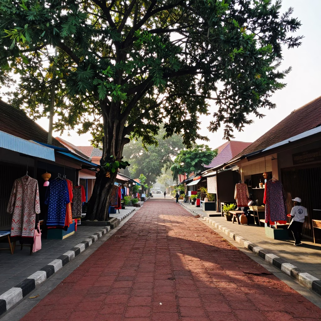 Late Morning Street Scene in Yogyakarta Indonesia with Traditional Batik Shop and Ivy Climb in in Yogyakarta, Indonesia