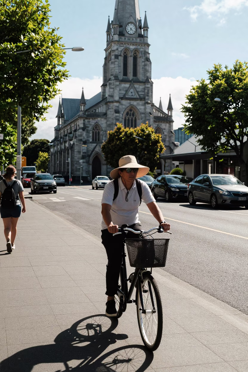 Late Morning Sun Hat and Bicycle Basket in Christchurch New Zealand City Center in in Christchurch, New Zealand