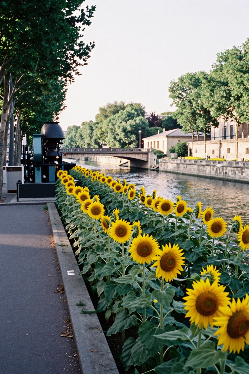 Late Morning Sunflowers and Canal Pumping Station in Paris France in in Paris, France