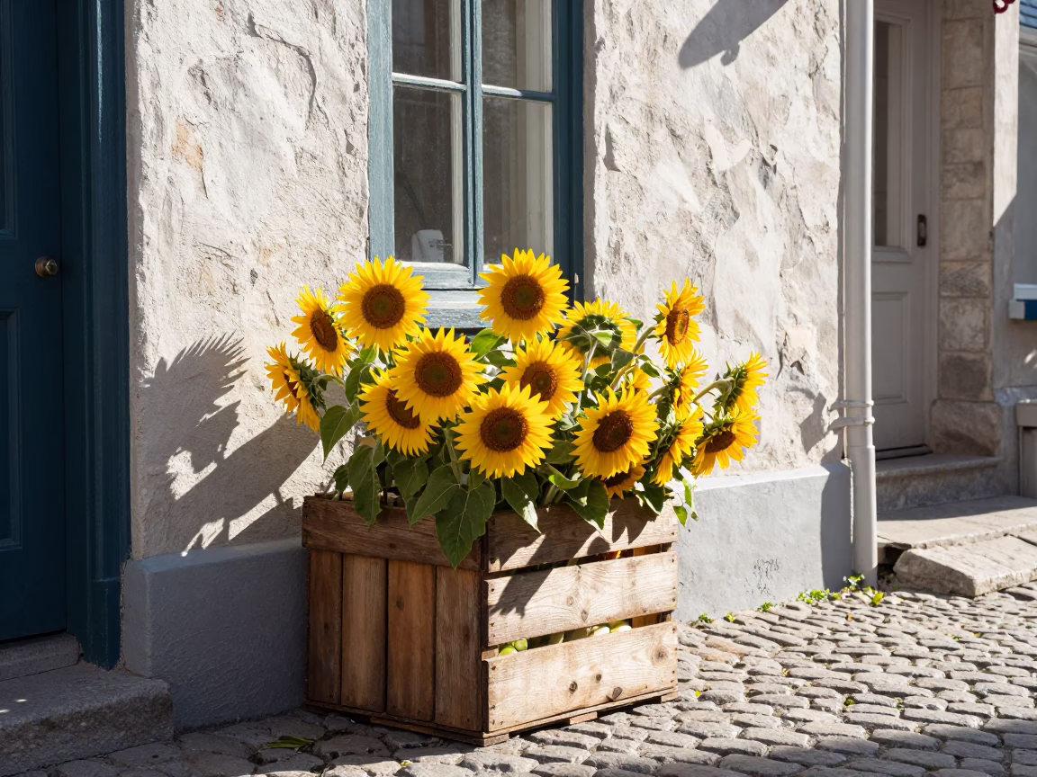 Late Morning Sunflowers and Wicker Shadows on Plaster in Quebec City in in Quebec City, Quebec, Canada