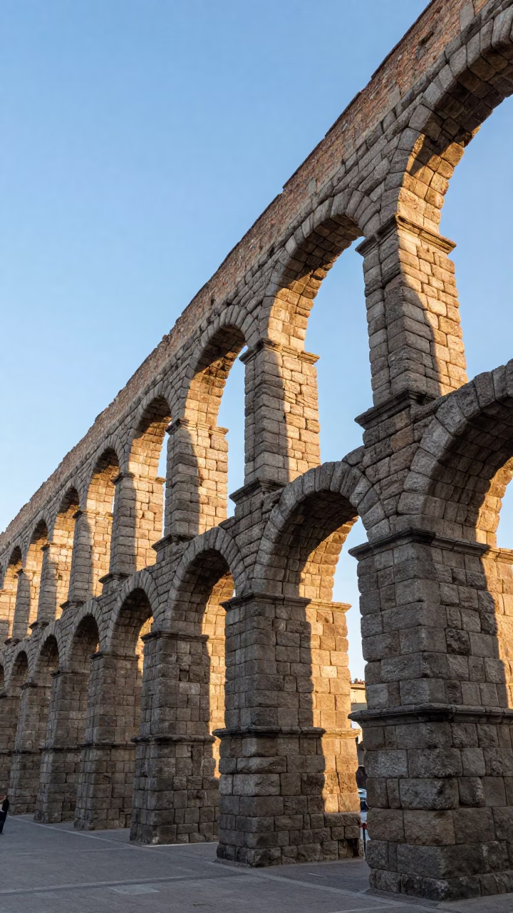 Late Morning Sunlight Illuminates Crumbling Stone Aqueduct Over Dry River Valley in Barcelona Spain in in Barcelona, Spain