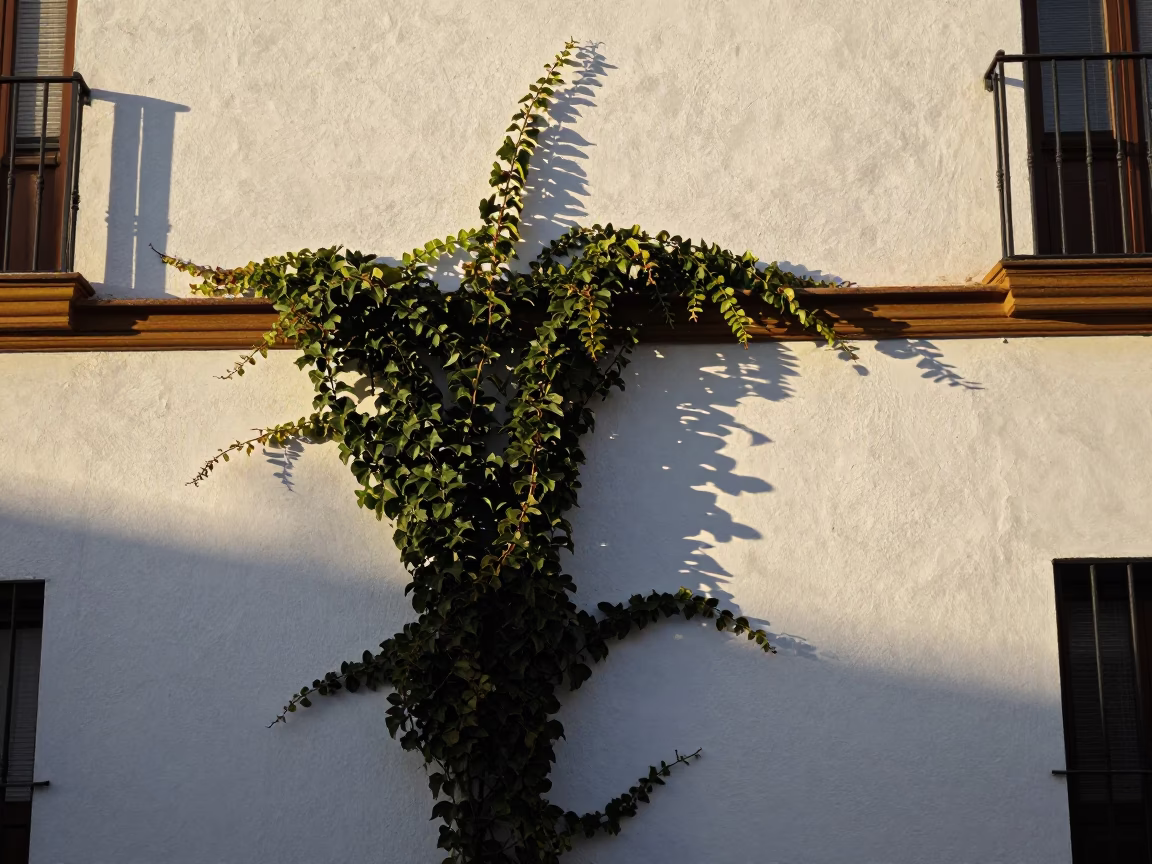 Late Morning Sunlight Illuminates Traditional White Plaster Walls With Climbing Ivy In Seville Spain in in Seville, Spain