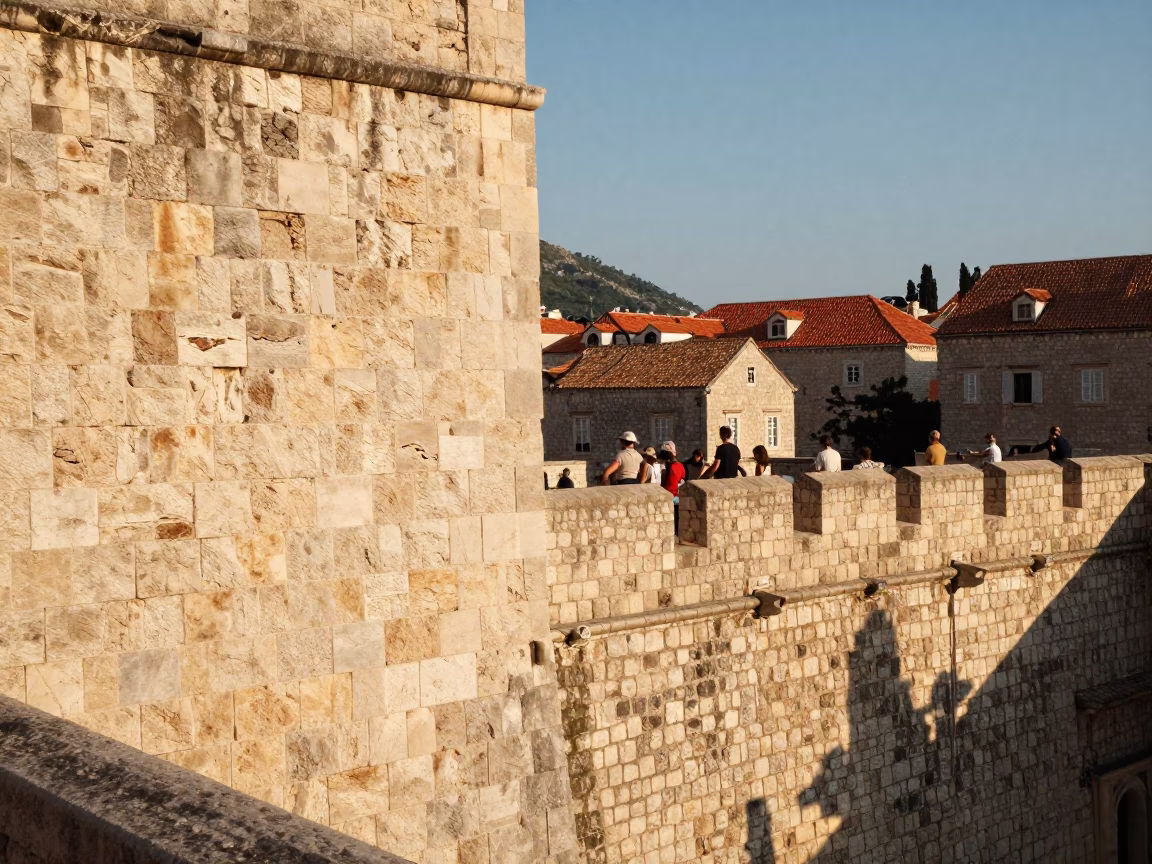 Late Morning Sunlight Illuminating Ancient Dubrovnik Stone Walls and Local Street Life in in Dubrovnik, Croatia