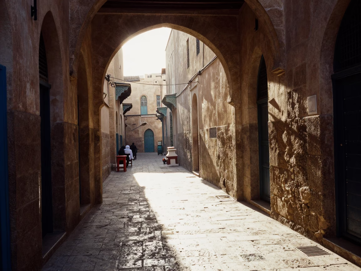 Late Morning Sunlight in Fez Morocco Medina Street with Stone Architecture in in Fez, Morocco