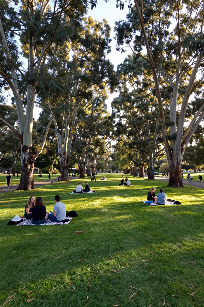 Late Morning Sunlight on Adelaide Parklands Pathway with Picnickers and Cutlery in in Adelaide, South Australia, Australia