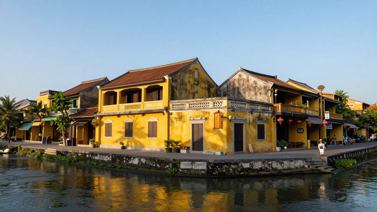 Late Morning Sunlight on Ancient Yellow Walls and Tidal Water in Hoi An Vietnam in in Hoi An, Vietnam