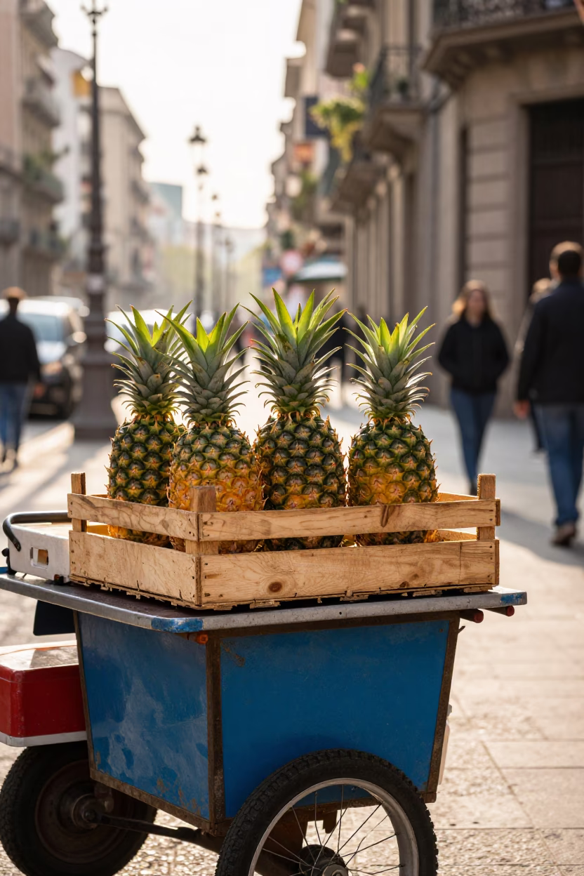 Late Morning Sunlight on Barcelona Street Vendor with Pineapple and Magazine Rack in in Barcelona, Spain