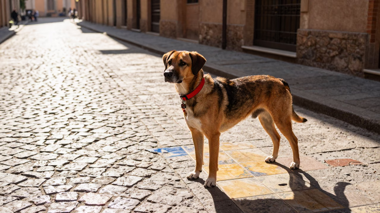 Late Morning Sunlight on Bologna Street with Ceramic Tiles and Coonhound in in Bologna, Italy
