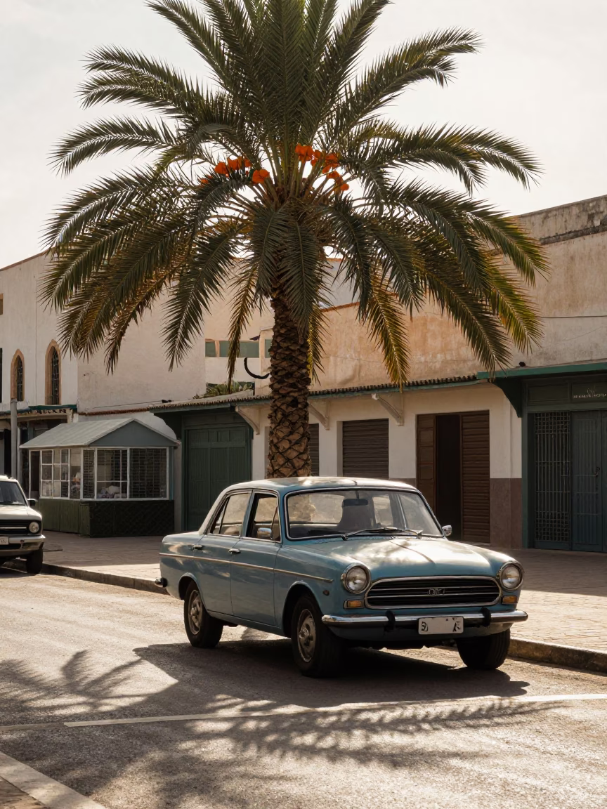 Late Morning Sunlight on Casablanca Street with Date Palm and Vintage Car in in Casablanca, Morocco