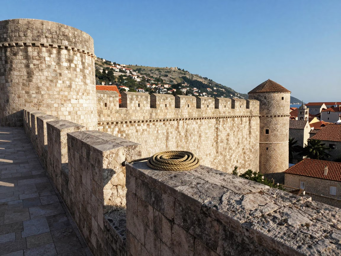 Late Morning Sunlight on Dubrovnik Old Town Walls with Coiled Rope on Stone in in Dubrovnik, Croatia