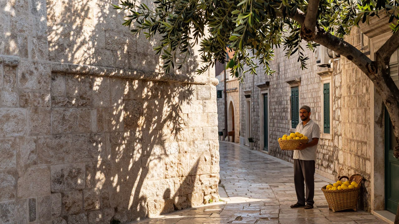 Late Morning Sunlight on Dubrovnik Stone Wall with Olive Branch and Lemon Vendor in in Dubrovnik, Croatia