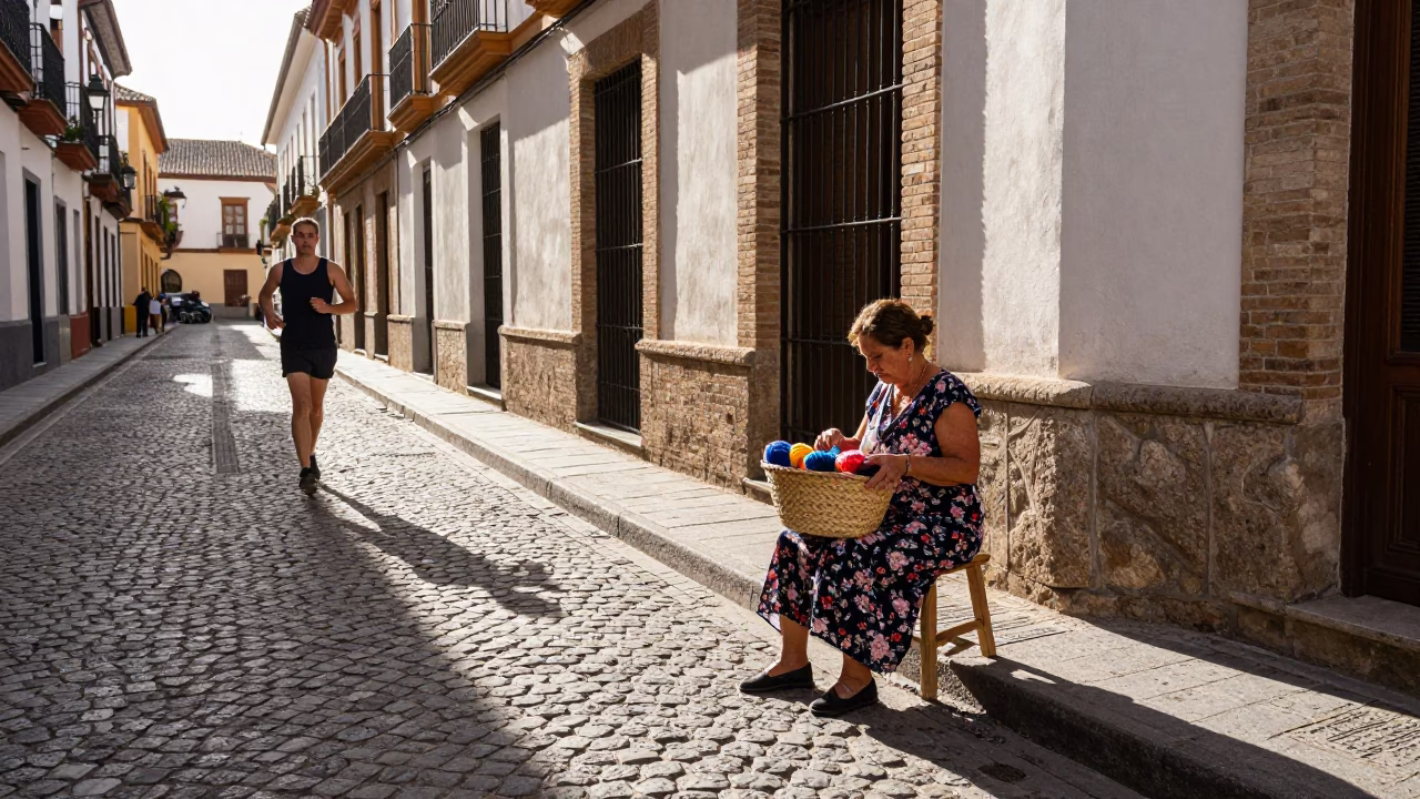 Late Morning Sunlight on Granada Spain Street Corner with Runner and Mending Basket in in Granada, Spain
