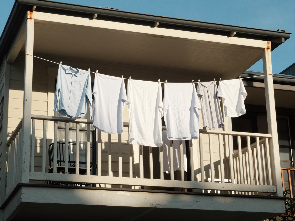 Late Morning Sunlight on Hobart Balcony with Hanging Laundry and Fern Shadows in in Hobart, Tasmania, Australia
