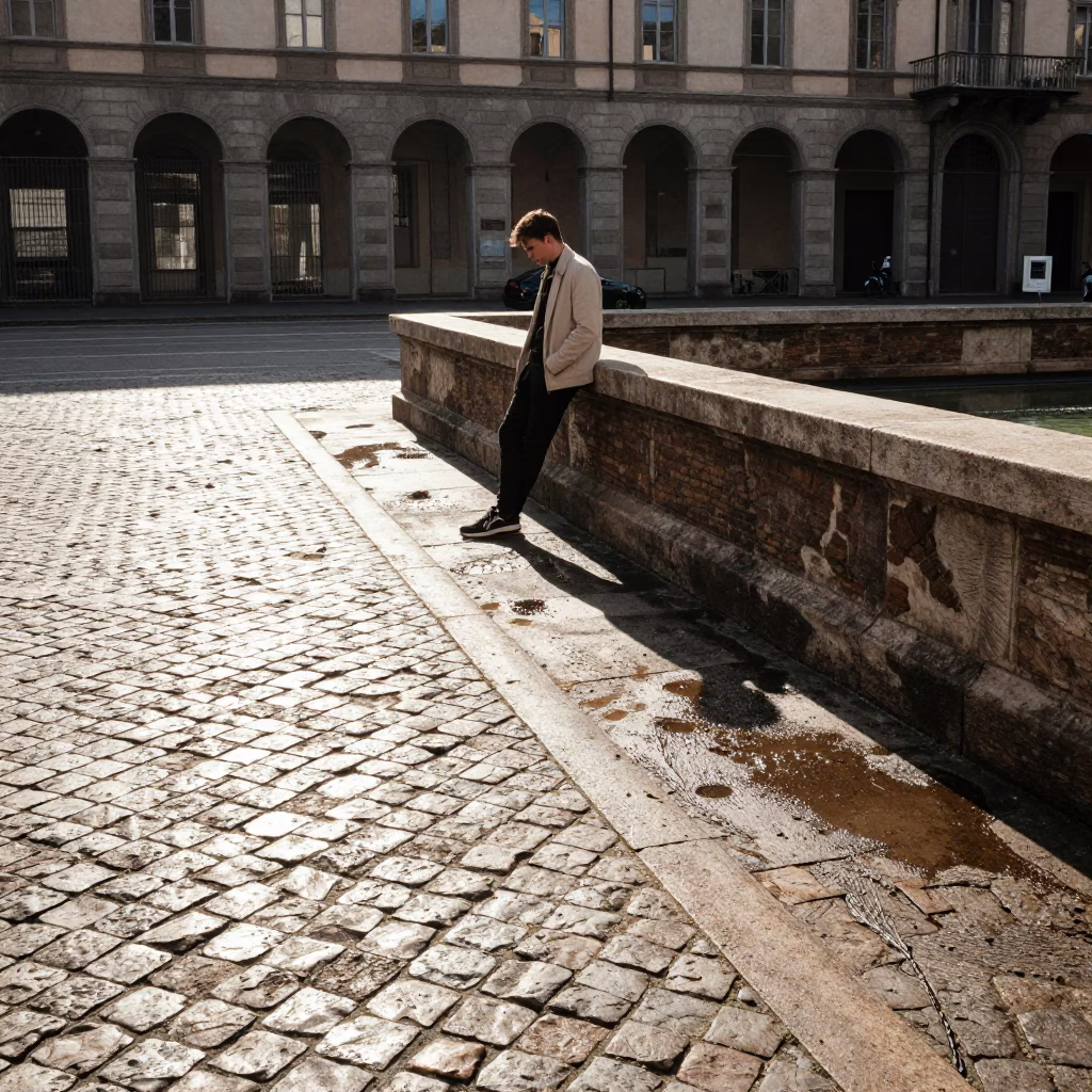 Late morning sunlight on Milanese cobblestones near historic fountain with casual pedestrian scene in in Milan, Italy