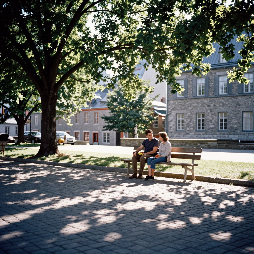 Late Morning Sunlight on Quebec City Cobblestones with Fruit and Water Bottle in in Quebec City, Quebec, Canada