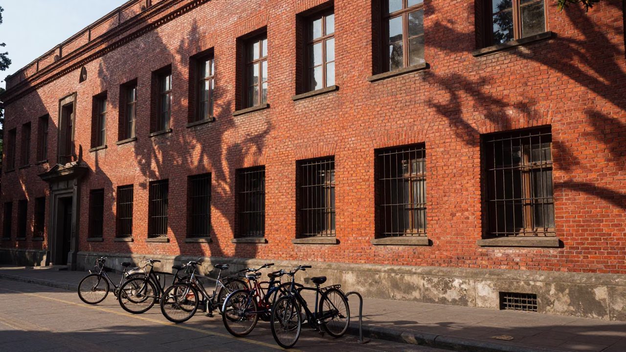 Late Morning Sunlight on Red Brick Lecture Building Campus Bicycle Rack in Mexico City in in Mexico City, Mexico