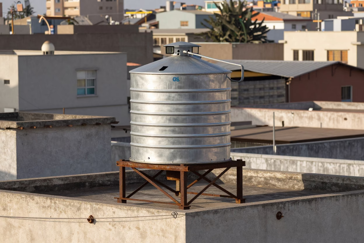 Late Morning Sunlight on Rooftop Water Tank in Lima Peru Neighborhood in in Lima, Peru