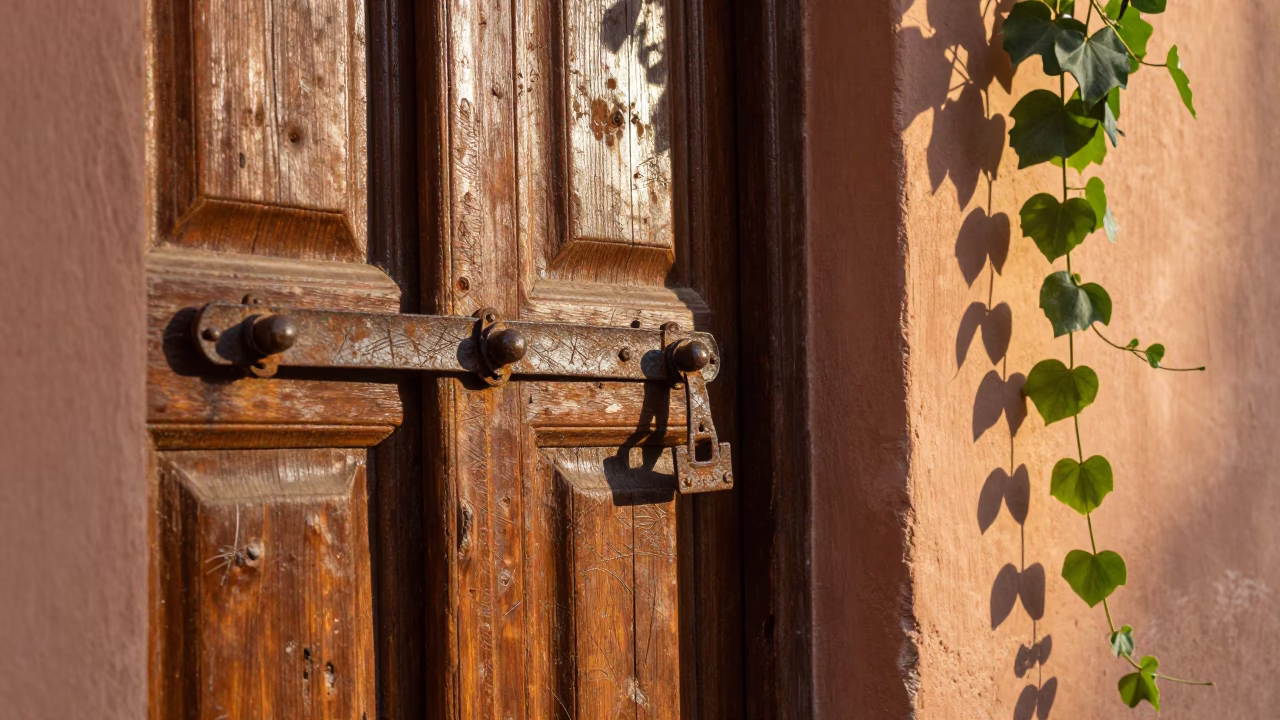 Late Morning Sunlight on Rusty Latch and Climbing Jasmine in Marrakech Medina in in Marrakech, Morocco