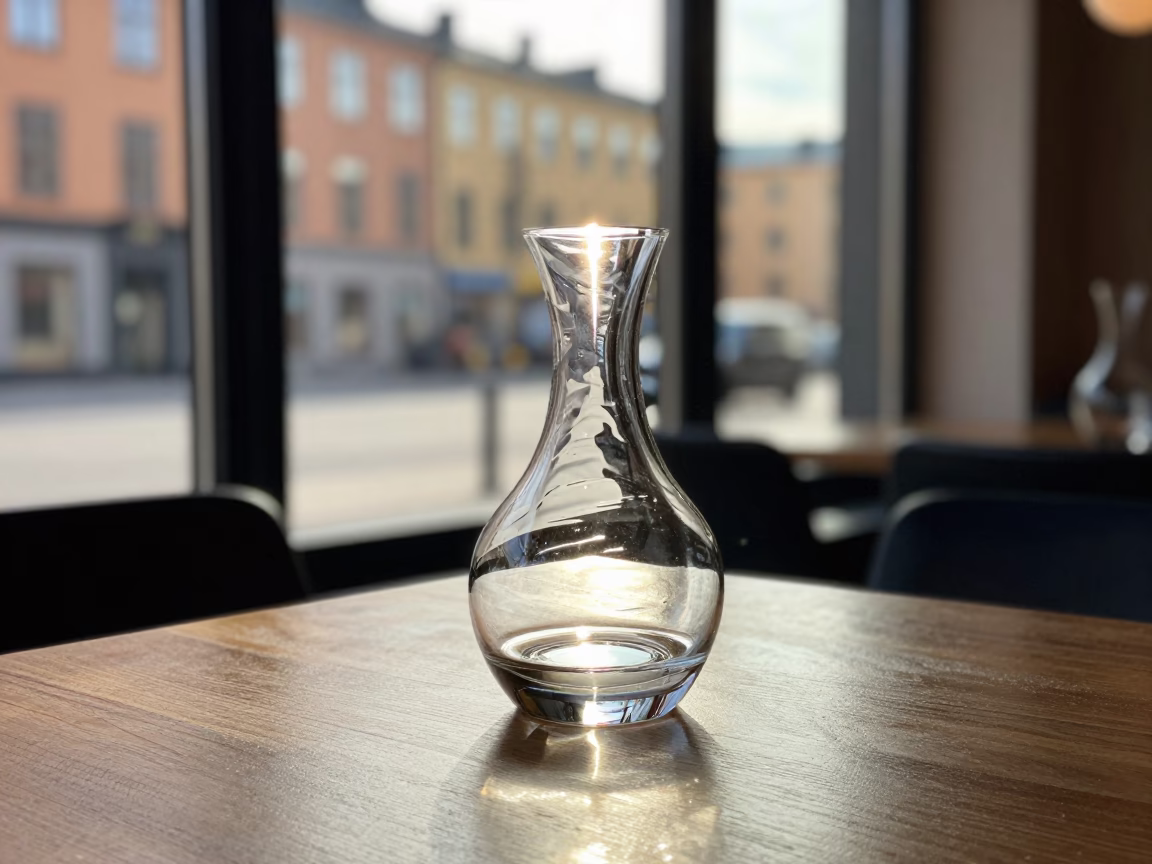 Late Morning Sunlight on Stockholm Cafe Table with Cut Glass Decanter and Potted Herbs in in Stockholm, Sweden