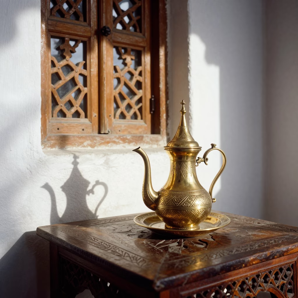 Late Morning Sunlight on Traditional Moroccan Tea Service in Historic Fez Medina Courtyard in in Fez, Morocco