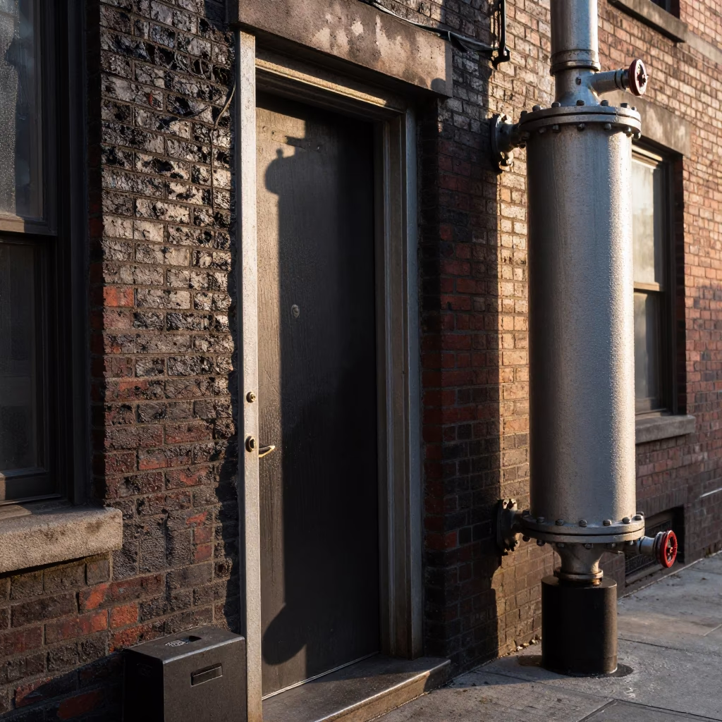 Late Morning Sunlight on Urban Doorframe with Condensation Pipeline in New York City in in New York, New York, United States